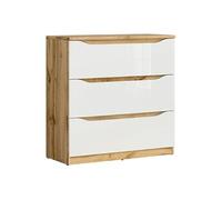 Commode à 3 tiroirs, coloris chêne Wotan/blanc brillant - Longueur 90 x Profondeur 39,5 x Hauteur 91,5 cm - -