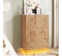 Commode à 5 tiroirs avec éclairage LED design fluted bois Meuble de rangement pour chambre à coucher salon chêne clair