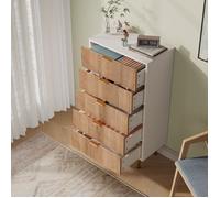 Commode à 5 Tiroirs, Commode Scandinave avec Poignée en Bois et Pieds de Support, Chiffonnier Meuble de Rangement, Bois + Blanc