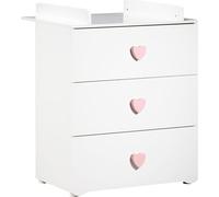 Commode à Langer Babyprice Basic, 3 Tiroirs, Bois Blanc, Boutons Coeur Rose, Dispositif à Langer Amovible, 60 x 120 cm