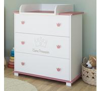 Commode à langer Commode Table à langer avec plan à langer à 3 tiroirs et gravure Petite Princesse en blanc rose Fille Europe