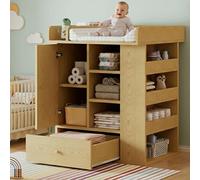 Commode à langer en bois - Commode avec tiroirs - Grande capacité de rangement - Plan à langer avec compartiments - Porte-serviettes - Bois naturel