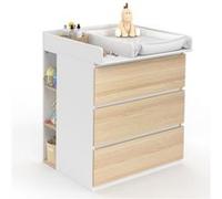 IDMarket - Commode à Langer évolutive Ambre façon hêtre et Blanc 3 tiroirs Table à Langer et 2 étagères Amovibles