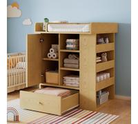 Commode à langer Flieks avec tiroir et armoire, table à langer avec séparateurs, étagères pour le change, espace à langer avec porte-serviettes, aspect naturel