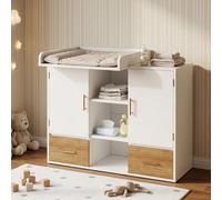 Commode à langer Merax avec plateau de change amovible, meuble de rangement pour table à langer avec tiroirs et étagères, multifonctionnelle, blanche et couleur bois naturel