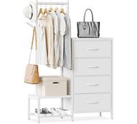 Commode Adulte 3 en 1 Portant Vêtements Solide Deux Crochets Double Étagère à Chaussures 4 Tiroirs Tissu