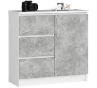 Commode AKORD JERRY Blanche 80 cm 1 porte 3 tiroirs façade Béton 2 étagères 80x35x77 cm