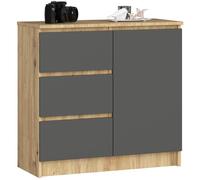 Commode AKORD JERRY Chêne Artisan 80 cm 1 porte 3 tiroirs façade Gris Graphite 2 étagères 80x35x77 cm