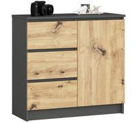 AKORD Kommode K-80 Jerry avec 3 Tiroirs | Armoire avec 2 étagères et 1 Porte | pour Le Salon Chambre à Coucher | Moderne | Plateau Laminé 16mm | 80x77x35 cm | Gris Graphite + Façade Chêne Artisan