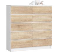 AKORD Commode K-120 avec 10 Tiroirs | Commode Classique pour La Chambre, Salon | Meuble de Rangement | L120 x H121 x P40 cm, Poids 70 kg | Blanc/Chêne Sonoma