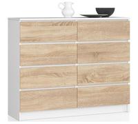 Commode AKORD K120 Blanche 120 cm 8 tiroirs façade Chêne Sonoma 120x40x99 cm