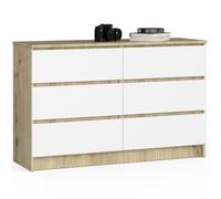 Commode AKORD K120 Chêne Artisan 120 cm 6 tiroirs façade Blanche 120x40x77 cm