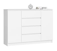 Commode AKORD K140 Blanche 138 cm 2 portes 4 tiroirs façade Blanche 4 étagères 138x40x99 cm