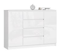 Commode AKORD K140 Blanche 138 cm 2 portes 4 tiroirs façade Blanche Brillante 4 étagères 138x40x99 cm