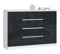 Commode AKORD K140 Blanche 138 cm 2 portes 4 tiroirs façade Graphite Brillant 4 étagères 138x40x99 cm Blanc / Graphite Brillant G
