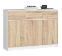 Commode AKORD K140 Blanche 138 cm 3 portes 3 tiroirs façade Chêne Sonoma 6 étagères 138x40x99 cm