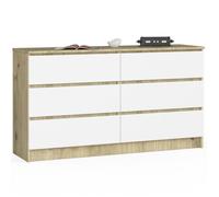 Commode AKORD K140 Chêne Artisan 138 cm 6 tiroirs façade Blanche 138x40x77 cm