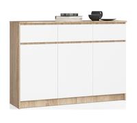 Commode AKORD K140 Chêne Sonoma 138 cm 3 portes 3 tiroirs façade Blanche 6 étagères 138x40x99 cm