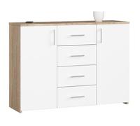 Commode AKORD K45 Chêne Sonoma 110 cm 2 portes 4 tiroirs façade Blanche 4 étagères 110x35x80 cm