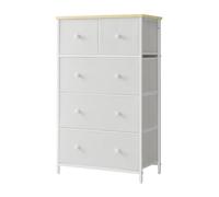 Commode, armoire de rangement avec 5 tiroirs, en acier, tissu, pour l'entrée, le salon, blanc et couleur chêne