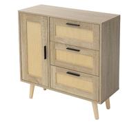 Commode avec 1 porte & 3 tiroirs, 74x76x30 cm, aspect chêne, Sideboard avec façade en rotin et pieds en bois massif