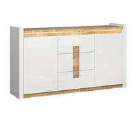 Commode avec 2 porte et 3 tiroirs avec éclairage LED, coloris Blanc brillant/Chêne clair - Longueur 172 x Profondeur 41 x Hauteur 96,5 cm - -