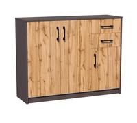 Commode avec 2 tiroirs et 3 portes en finition mate, commode de 110 cm de large avec poignées en polymère de haute qualité, commode en bois avec tiroirs - Fabriquée en panneau laminé chêne graphite