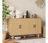 Commode avec 4 Portes en Rotin, Meuble de Rangement Vintage avec Pieds en Bois Massif, Commode Moderne Chambre pour Salon avec Dispositif Anti-Basculement Buffet Bas Cuisine(Bois-4, 140x40x80)