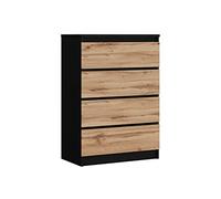 Commode 4 tiroirs, Noir Mat / Chêne Wotan, 70 x 39 x 101 cm