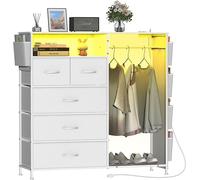 Commode avec 5 tiroirs, barre de suspension, éclairage LED et espace de rangement pour station de recharge. Armoire latérale avec poches et plateau en bois, idéale pour une chambre, un couloir ou une