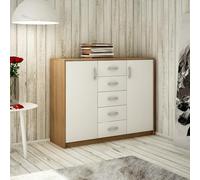 Commode avec 5 tiroirs et 2 portes en finition mate, commode de 110 cm de large avec poignées en polymère de haute qualité, commode en bois avec tiroirs - En panneau laminé blanc Sonoma