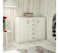 Commode avec 5 tiroirs et 2 portes en finition mate, commode de 110 cm de large avec poignées en polymère de haute qualité, commode armoire en bois avec tiroirs - En panneau stratifié blanc