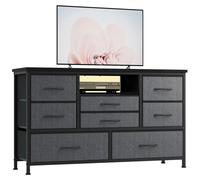 Commode avec 8 tiroirs en tissu - Meuble TV bas - Éclairage LED - Station de charge - Structure métallique de 76 cm de hauteur - Meuble de rangement pour chambre d'enfant ou salon - Noir et gris