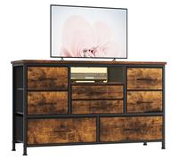 Commode avec 8 tiroirs en tissu, meuble TV bas - Meuble TV - Éclairage LED - Fonction de rangement et multiprise - Structure en métal - Hauteur : 76 cm - Noir et marron