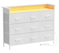 Commode avec 9 tiroirs, éclairage LED, prises électriques, de couleur blanche, dimensions : 114 x 32 x 84,5 cm