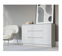 Commode avec deux portes et trois tiroirs, Couleur: Blanc, D: L: 140cm, P 39 cm, H: 78 cm, Commode Chambre, Meuble de Rangement,