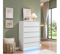 Commode basse pour chambre à coucher, pour adultes, 5 tiroirs, blanche, en bois avec éclairage LED, pour entrée, 73x40x110 cm