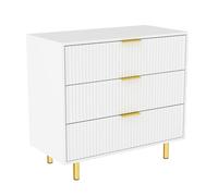 Commode Blanc avec 3 Tiroirs et Poignées - Meuble de Rangement au Design Gaufré - Pieds en Métal - Pour Chambre et Salon - 80x40x72