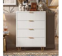 Commode Blanche 60x34x91cm en Bois | 4 Tiroirs Cannelés Chic | Rangement Salon Buffet Doré | Meuble d'Entrée Moderne