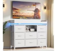 Commode Blanche 8 Tiroirs avec Bandeau RGB LED & Prises Intégrées, Meuble de Rangement Robuste pour Chambre Entrée Salon