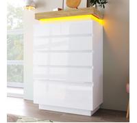 Commode blanche à 6 tiroirs avec éclairage LED et contrôle par application, finition brillante, 73 x 39 x 115 cm