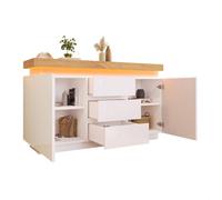 Commode blanche brillante 2 portes 3 tiroirs avec LED, meuble de rangement 140 x 39 x 81 cm