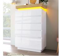 Commode blanche brillante à 6 tiroirs avec LED, commande tactile et application, 115 x 73 x 39 cm