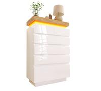 Commode blanche brillante avec 6 tiroirs, éclairage LED à commande tactile et via application, 115 x 73 x 39 cm