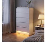 Commode Blanche en Bois, Commode Haute à 5 tiroirs, Meuble de Rangement Moderne avec LED pour Chambre Salon Entrée, 73x40x111cm