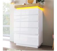 Commode blanche laquée brillante avec 6 tiroirs et éclairage LED