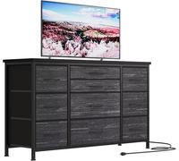 Commode - Buffet - 10 tiroirs en tissu - 3 prises électriques - Structure en bois - Plateau en bois - Noir
