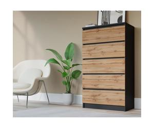 Commode - Buffet 5 Tiroirs - Noir et Chêne Wotan - 70cm x 125cm - Meuble Contemporain