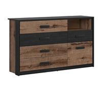 Commode Buffet avec 1 porte et 5 tiroirs coloris Chêne marron foncé/Chêne noir - Longueur 150 x Profondeur 41 x Hauteur 90 cm - -