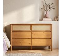 Commode CEFIRA en Bois Massif Coloris Chêne, 6 Tiroirs, Meuble de Rangement à Vêtements, Façade en Rotin Style Bohème